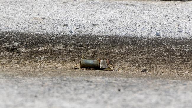 A suspected bullet casing in Handy Avenue, Panania, southwest Sydney, on Sunday. Picture: Liam Mendes