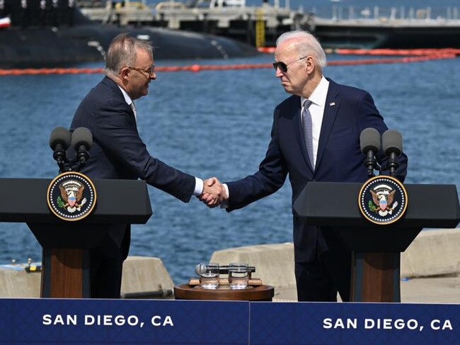 Joe Biden and Anthony Albanese shake hands on the deal at Naval Base Point Loma in San Diego in March. Picture: Getty Images