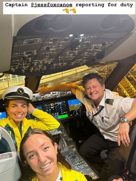 Olympian Jess Fox wore a captain’s hat in the cockpit. Picture: Instagram