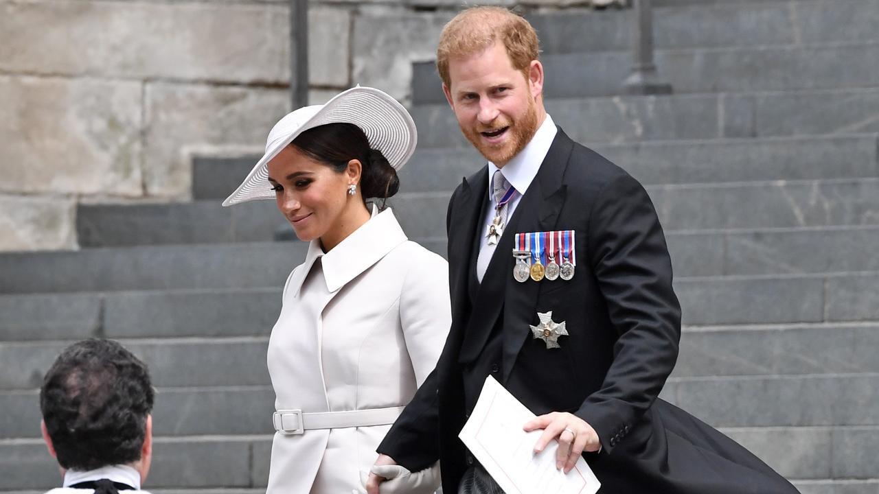 Meghan and Harry outside the National Service of Thanksgiving at St Paul’s Cathedral on Friday. Picture: Chris J Ratcliffe/Getty Images