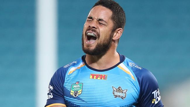 GOLD COAST, AUSTRALIA — JULY 30: Jarryd Hayne of the Titans reacts during the round 21 NRL match between the Gold Coast Titans and the Wests Tigers at Cbus Super Stadium on July 30, 2017 in Gold Coast, Australia. (Photo by Chris Hyde/Getty Images)