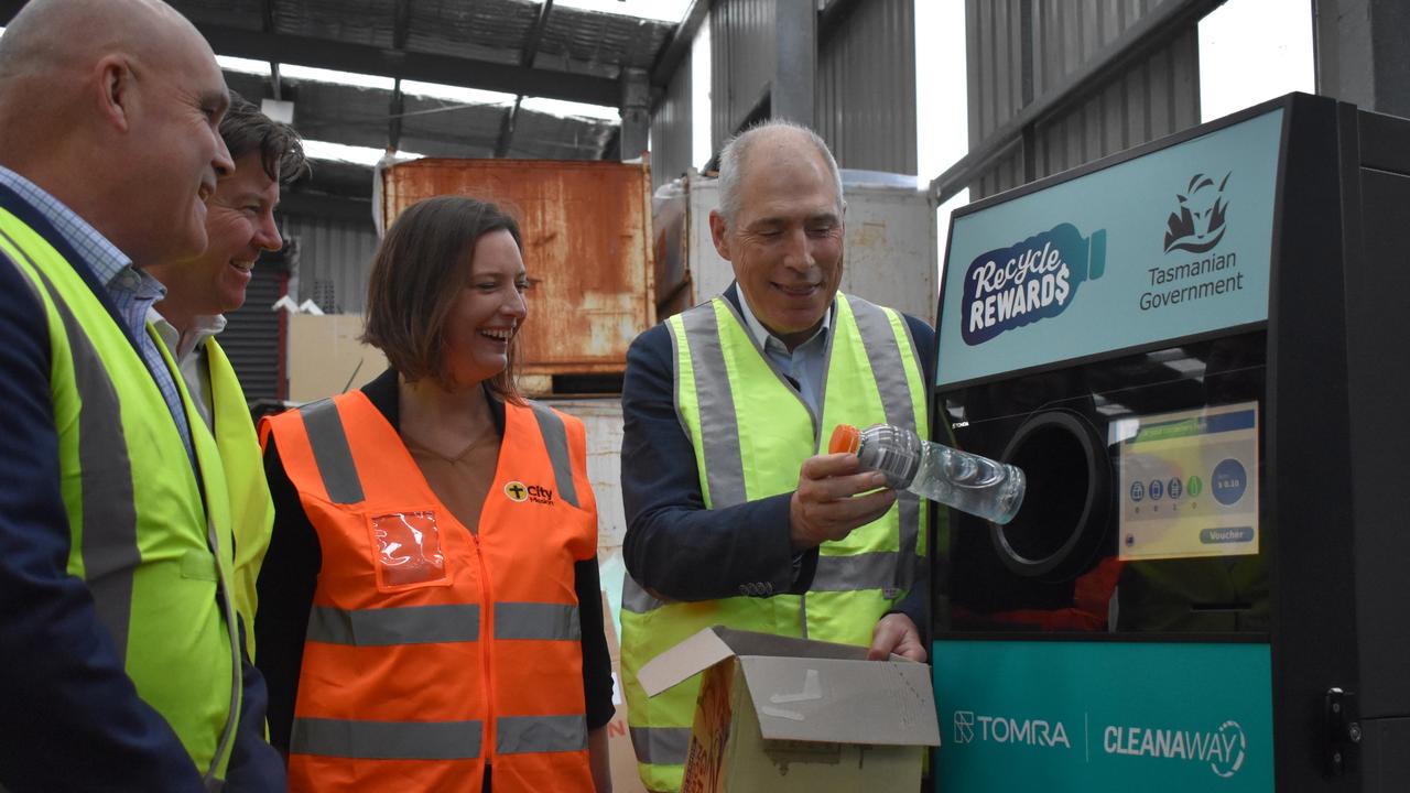 Ben Kearney, chair of TasRecycle, James Dorney, CEO TOMRA Cleanaway, Jo-Anne Fearman, City Mission CEO and former Environment Minister Nick Duigan. Launching Recycle Rewards, Tasmania container deposit scheme. Picture: Supplied