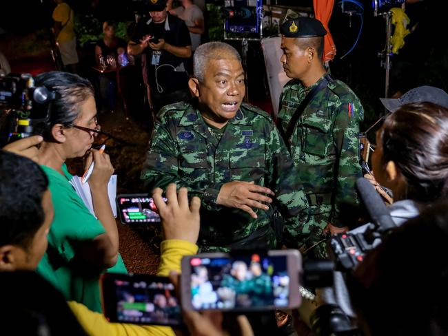 Bancha Duriyaphan seen addressing the media at a news conference after resuming the rescue. Picture: Getty Images