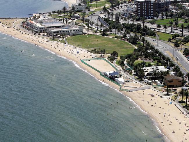 Aerial view of St Kilda Beach on New Year's Eve.