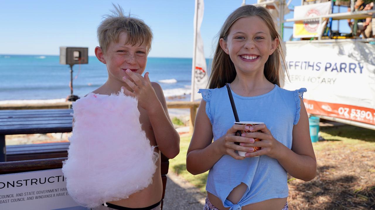 Lennox Sheppard, 9 and Maya Sheppard, 8, at the 49th Annual Pa &amp; Ma Bendall Memorial Surfing Contest held at Moffat Beach in Caloundra on April 8, 2023. Picture: Katrina Lezaic