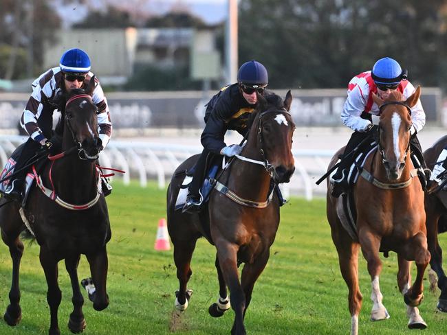 CRANBOURNE, AUSTRALIA - AUGUST 21: (L-R) Michael Dee riding Rose Quartz, Jordan Childs riding Magic Time, Jye McNeil riding Wee Nessy, Craig Williams riding Giga Kick and Ben Melham riding What You Need during jump outs at Cranbourne Racecourse on August 21, 2023 in Cranbourne, Australia. (Photo by Vince Caligiuri/Getty Images)