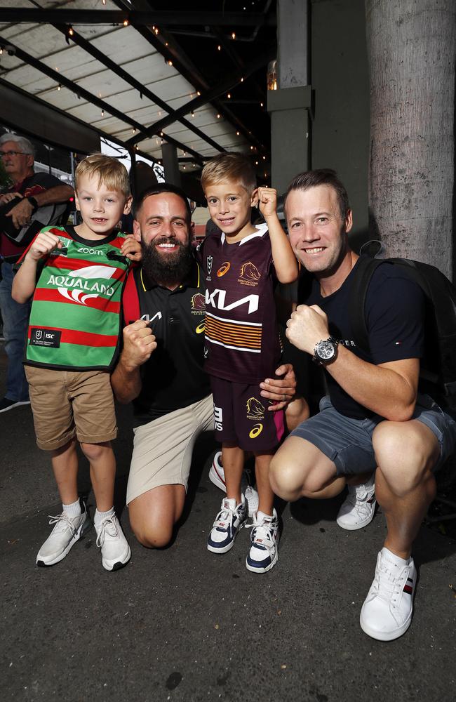 Kobe Richardson, 6, John Mellors, Henry Mellors, 6, and Joel Richardson pictured at the Broncos v Rabbitohs, round 1, on Caxton Street, Brisbane 11th of March 2022. This is the first game for the BroncosÃ• season.