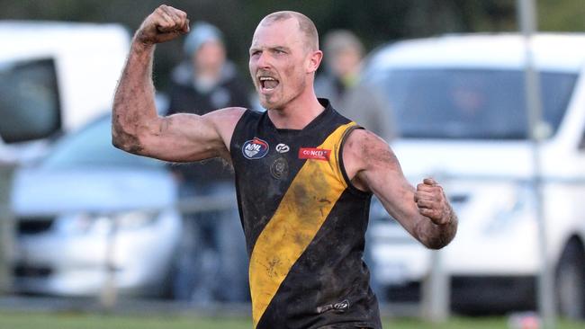 Chaz Sargeant celebrates a goal for Heidelberg. Picture: Chris Eastman