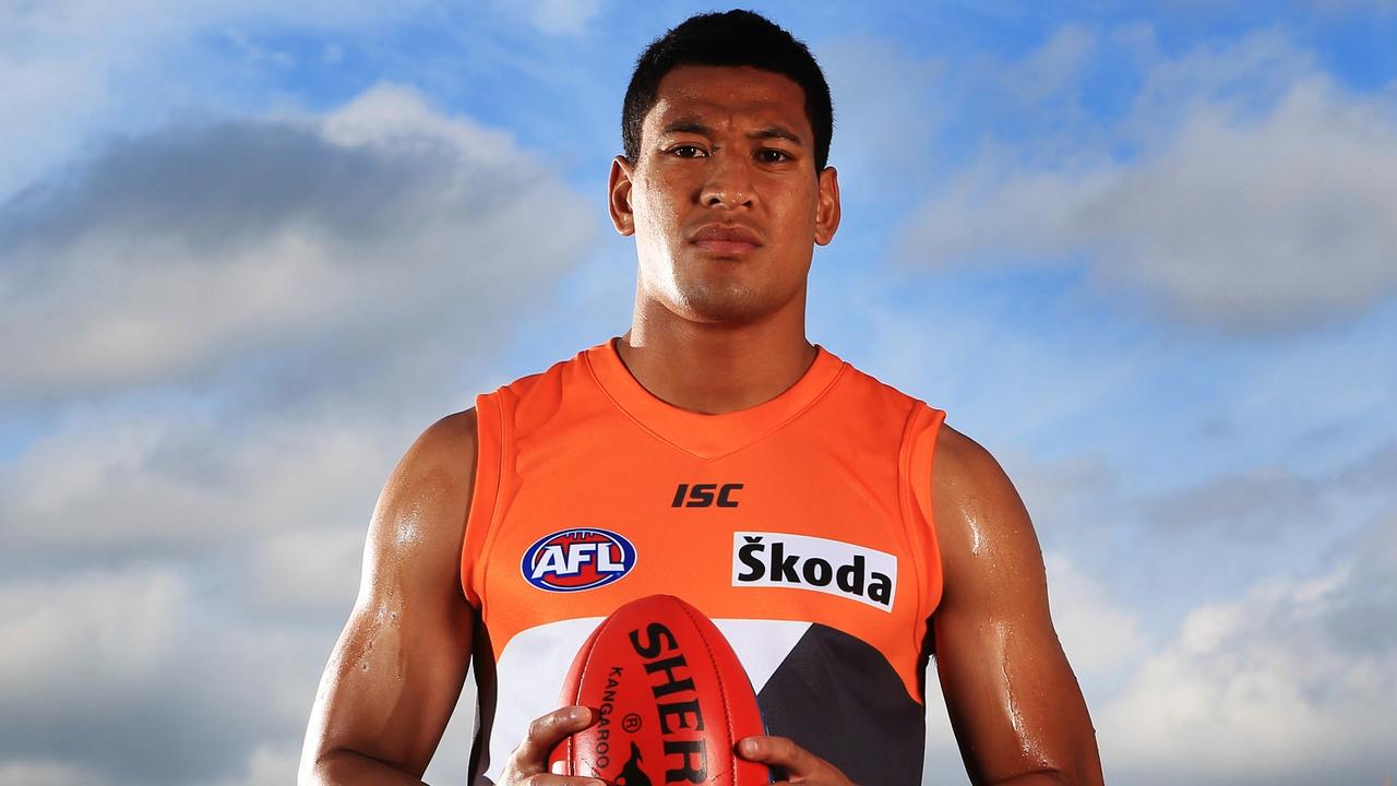 16/11/2010 SPORT: Former NRL player Israel Folau unveils the Greater Western Sydney Giants AFL team colours at RAS Showground, Olympic Park, Homebush in Sydney ahead of official launch of his team's name and colours tonight.