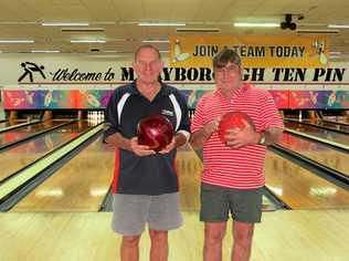 John Hoffmann (left) and Dave Cotter started bowling when Sugar Coast Lanes first opened in September 1984 and are still active members of the centre now known as Maryborough Ten Pin. Picture: contributed