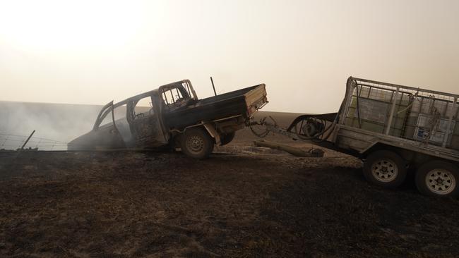 An abandoned ute and trailer burnt in the Yorketown fire. Picture: Matt Loxton