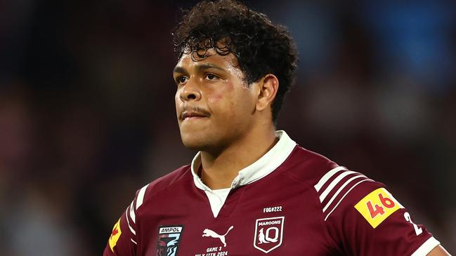 BRISBANE, AUSTRALIA - JULY 17:  Selwyn Cobbo of the Maroons reacts after losing game three of the 2024 Men's State of Origin series between Queensland Maroons and New South Wales Blues at Suncorp Stadium on July 17, 2024 in Brisbane, Australia. (Photo by Chris Hyde/Getty Images)