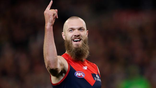 MELBOURNE, AUSTRALIA - SEPTEMBER 07: Max Gawn of the Demons celebrates a goal during the 2018 AFL First Elimination Final match between the Melbourne Demons and the Geelong Cats at the Melbourne Cricket Ground on September 07, 2018 in Melbourne, Australia. (Photo by Adam Trafford/AFL Media/Getty Images)