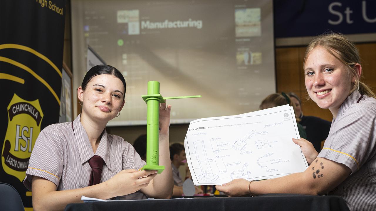 Poppy Douglas (left) and Mia Vickers of Chinchilla State High School demonstrate their project at the STEM advanced manufacturing Makers Empire schools showcase at The Salo Centre, St Ursula's College, Monday, November 4, 2024. Picture: Kevin Farmer