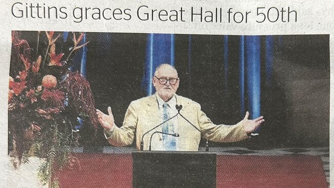 Ross Gittins preaching at the Great Hall as depicted in Sydney Morning Herald 8 March 2024.