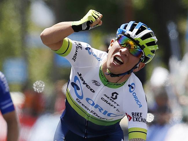 Herald Sun Tour Stage 2. Yarra Glen to Moe. Caleb Ewan f the Orica GreenEdge team wins stage 2 ahead of Tanner Putt . Pic: Michael Klein