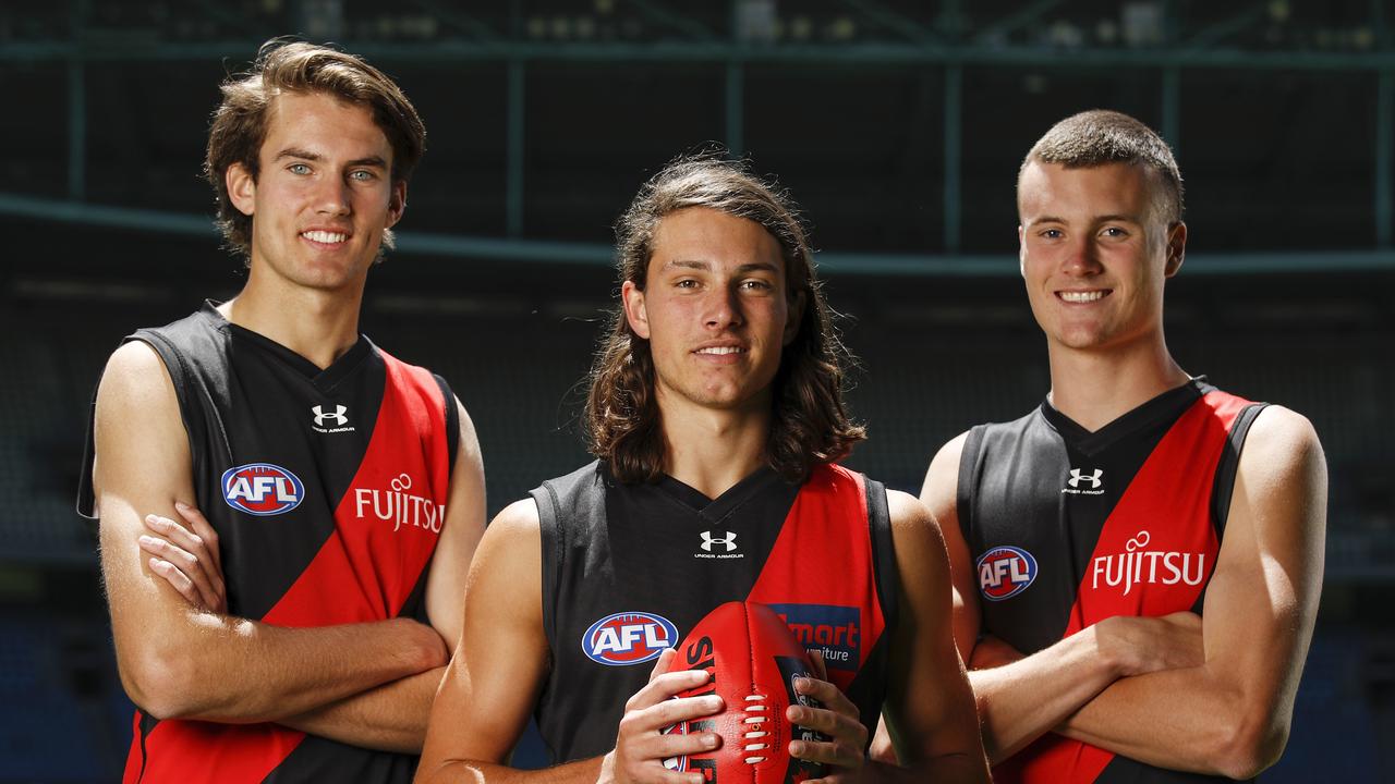 Essenond’s three top ten picks of the 2020 draft, Zach Reid, Archie Perkins and Nik Cox. Picture: Dylan Burns/AFL Photos via Getty Images