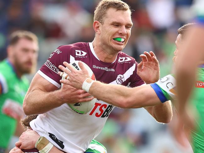 CANBERRA, AUSTRALIA - AUGUST 10: Tom Trbojevic of the Eagles in action during the round 23 NRL match between Canberra Raiders and Manly Sea Eagles at GIO Stadium, on August 10, 2024, in Canberra, Australia. (Photo by Mark Nolan/Getty Images)