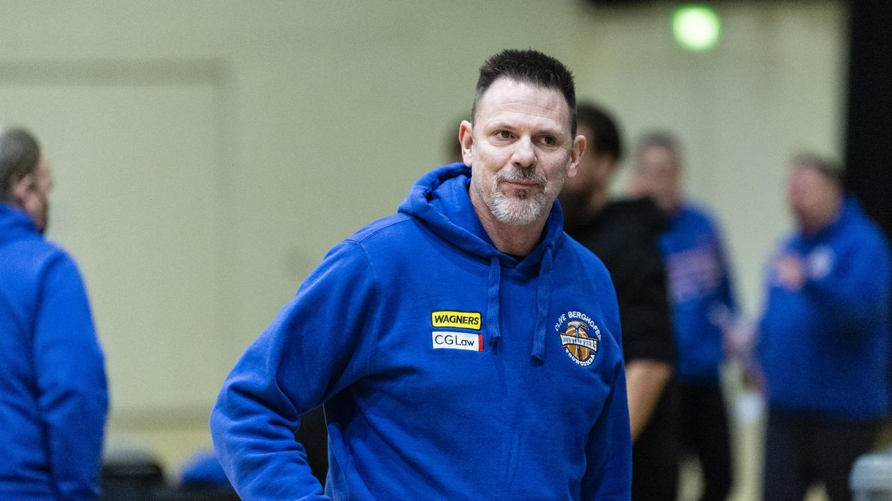 Toowoomba Mountaineers coach Darryl Allen at halftime against Rip City in Queensland State League Division 1 mens basketball semi-final at USQ's Clive Berghofer Recreation Center, Saturday, July 30, 2022. Picture: Kevin Farmer