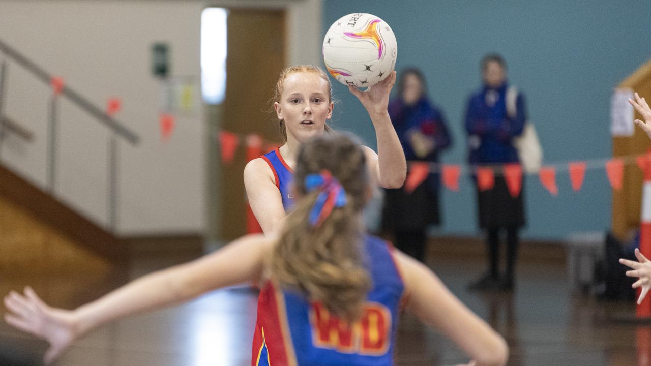 Isabella Blair of Downlands Junior C against St Ursula's Junior Development in Merici-Chevalier Cup netball at Salo Centre, Friday, July 19, 2024. Picture: Kevin Farmer