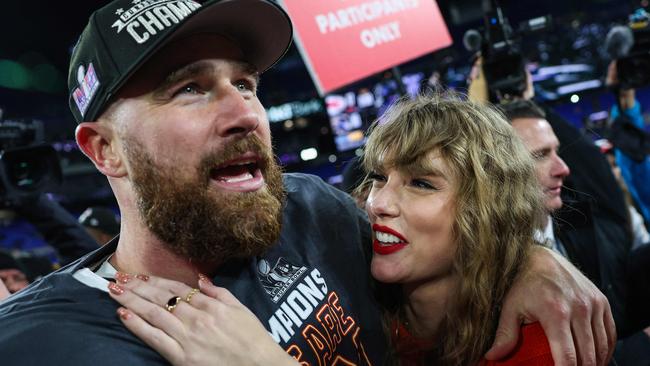 Travis Kelce celebrates with Taylor Swift after defeating the Baltimore Ravens in the AFC Championship Game on January 28 in Baltimore. Picture: Getty Images/AFP