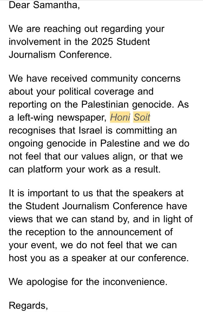 An email delivering the news that Samantha Maiden had been uninvited.
