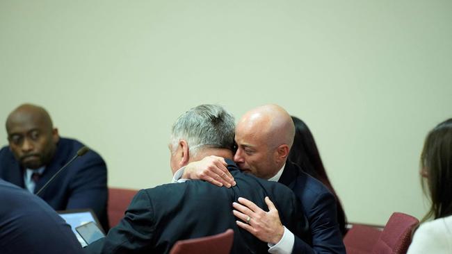 Attorney Luke Nikas embraces actor Alec Baldwin during his trial on involuntary manslaughter at Santa Fe County District Court. Picture: AFP