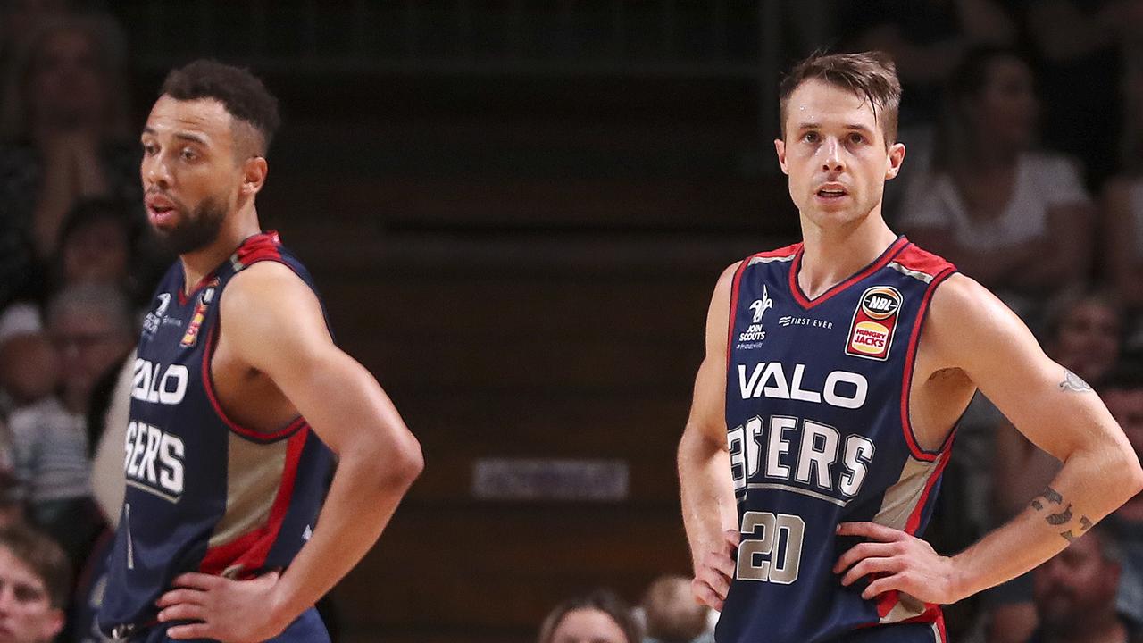 Demitrius Conger and Nathan Sobey ponder lost chances after the 36ers loss to United. Picture: Sarah Reed