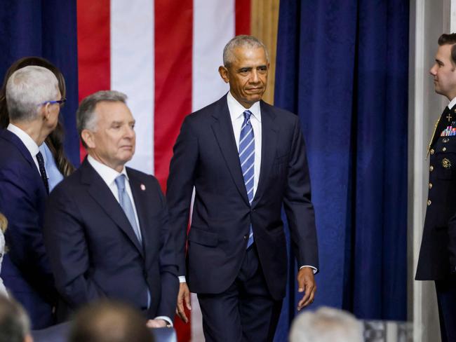 Barack Obama attended Donald Trump’s inauguration ceremony without his wife. Picture: AFP