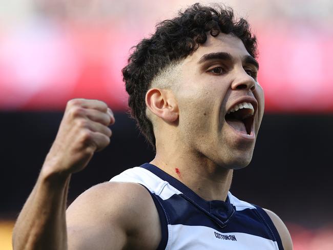 Tyson Stengle celebrates a big second-quarter goal. Picture: Michael Klein