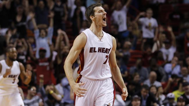 Miami Heat guard Goran Dragic (7) reacts after scoring a 3-point basket.