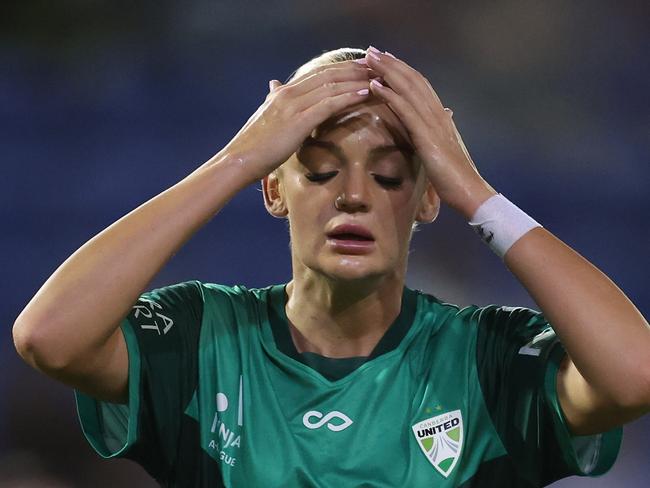 NEWCASTLE, AUSTRALIA - JANUARY 25: Maja Markovski of Canberra United reacts to a missed shot on goal during the round 13 A-League Women's match between Newcastle Jets and Canberra United at McDonald Jones Stadium, on January 25, 2025, in Newcastle, Australia. (Photo by Scott Gardiner/Getty Images)