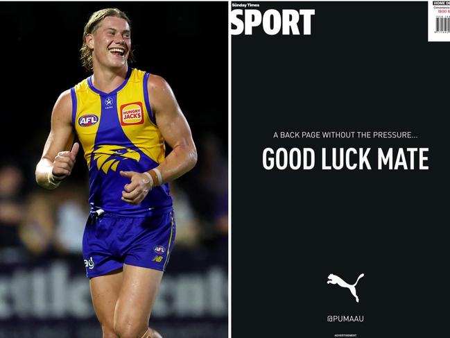 Puma has bought the back page of the West Australian in a unique act of support to Harley Reid.
