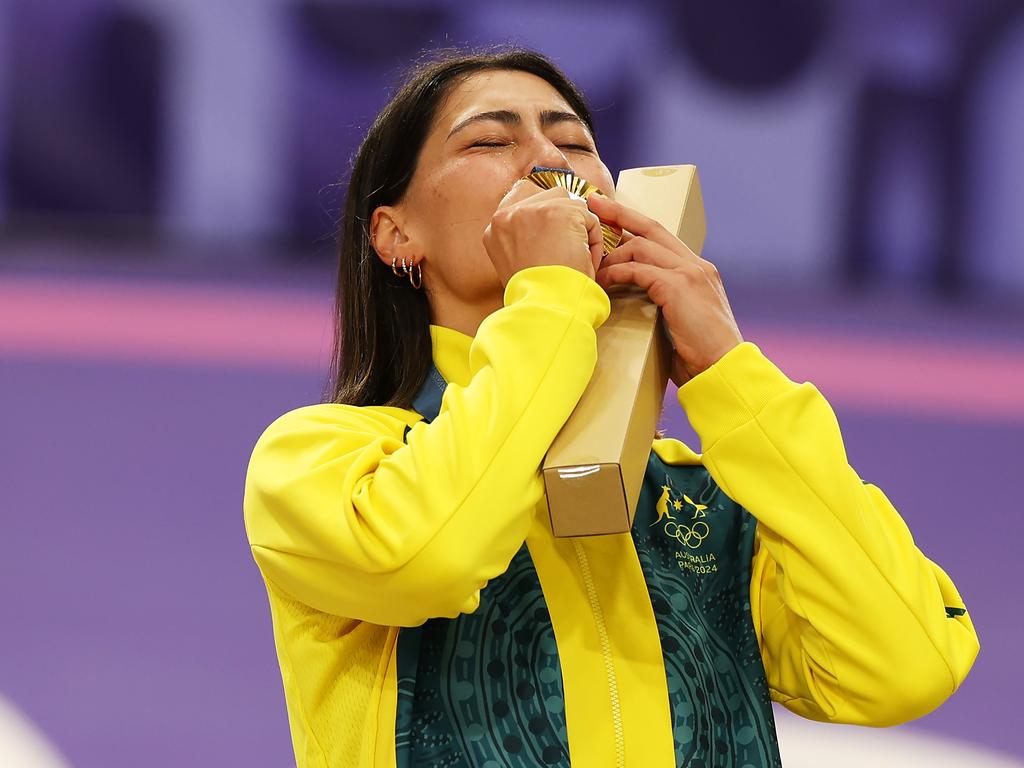 Saya Sakakibara eye-watering gold medal. Picture: Alex Broadway/Getty Images