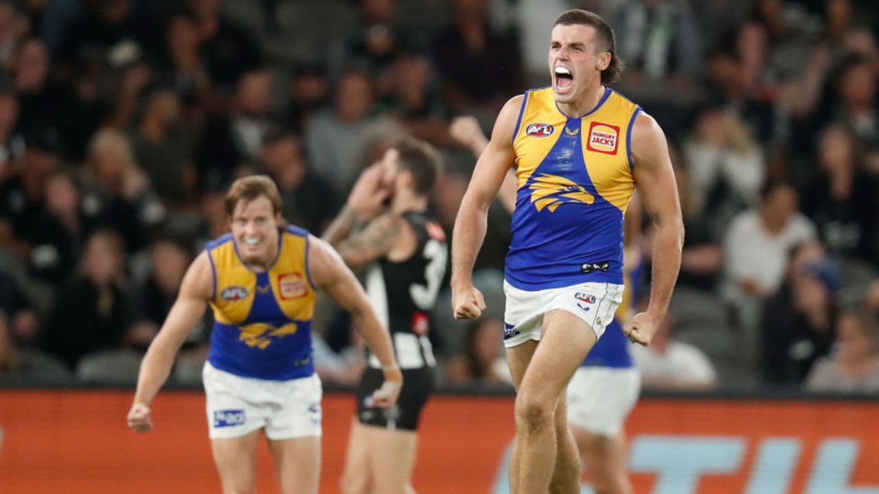 MELBOURNE, AUSTRALIA - APRIL 09: Jake Waterman of the Eagles celebrates a goal during the 2022 AFL Round 04 match between the Collingwood Magpies and the West Coast Eagles at Marvel Stadium on April 09, 2022 In Melbourne, Australia. (Photo by Michael Willson/AFL Photos via Getty Images)