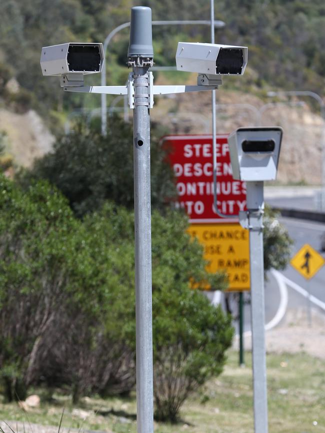 A fixed traffic camera on the South Eastern Freeway at Leawood Gardens. Picture: Mike Burton