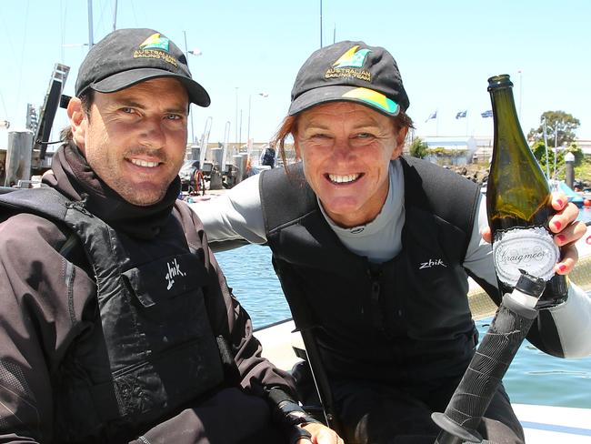 3/12/15 Daniel Fitzgibbon and Liesl Tesch aboard their Skud 18 boat 'Happy Sunday's after finishing the last race of the para world sailing championships in Melbourne. Aaron Francis/The Australian