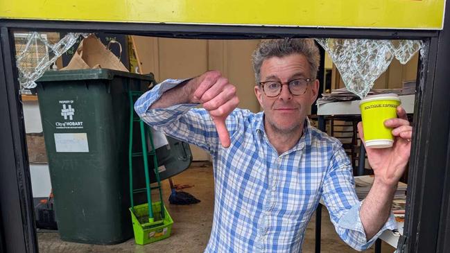 Boutique Espresso owner Anthony Cousins after the Hobart cafe was broken into early Monday morning. Picture: Supplied