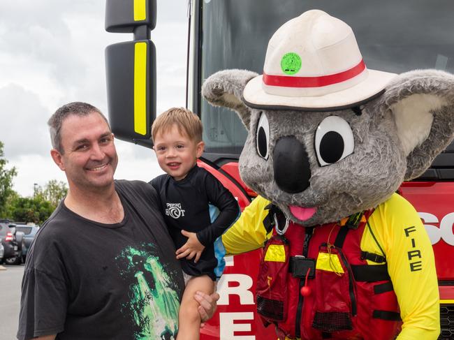 William Everton, Alexander Everton and Blazer at the Mackay Aquatic & Recreation Complex for the Fire and Rescue Service, Movember event consisting of a 60km pool swim.Blazer is Inspector Jock Crome.Picture: Michaela Harlow