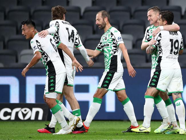 Western United celebrate after a Besart Berisha goal in their 2-0 win over Perth Glory Picture: Cameron Spencer/Getty Images