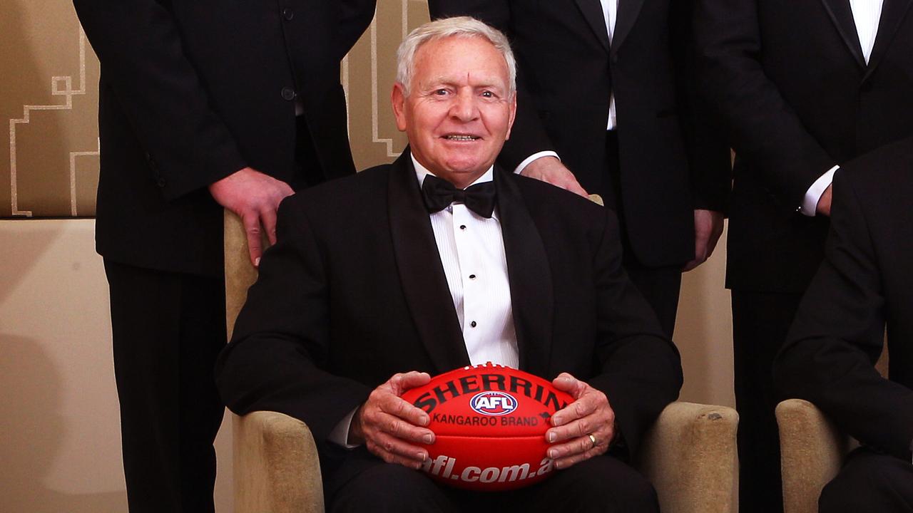 NOTE: NO INTERNET UNTIL AFTER MIDNIGHT. 2012 AFL Hall of Fame. Front: Barry Cable (legend) and Graham Cornes. Rear: Chris Grant, Robert Harvey, Shane Crawford and Glenn Archer.