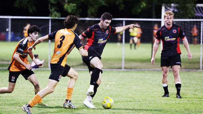 Leichhardt's Bronson Koppen controls the play in the Football Queensland Premier League Far North men's preliminary final match at Endeavour Park in 2024. Picture: Brendan Radke