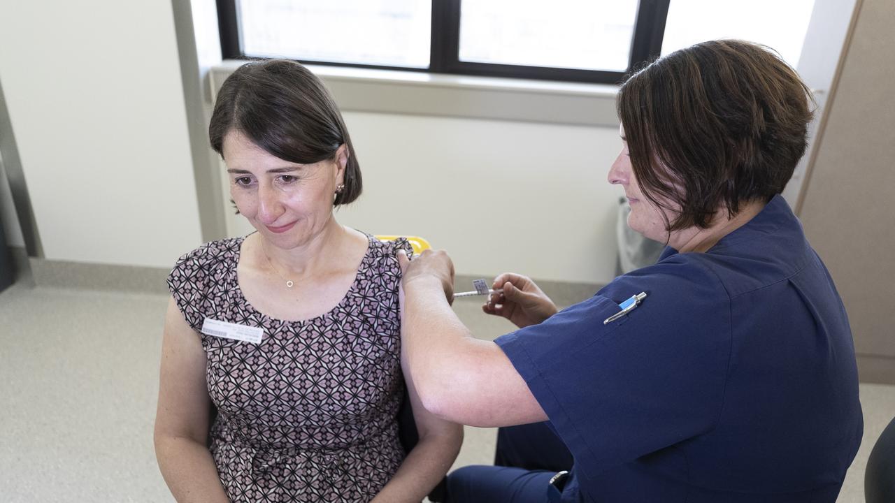 NSW Premier Gladys Berejiklian pictured receiving the AstraZeneca vaccine at St George Hospital in Kogarah in March. (Photo by Brook Mitchell/Pool/Getty Images)