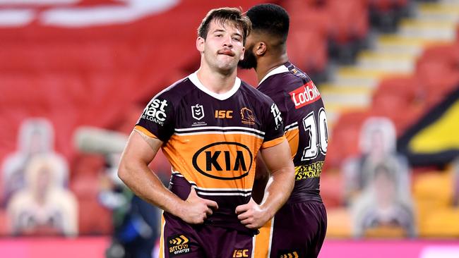 Patrick Carrigan of the Broncos looks dejected after a Roosters try. Picture: Bradley Kanaris/Getty Images