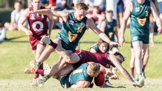 Tasmania captain Brad Cox-Goodyer attempts to gather possession during the Tasmania v Queensland 2024 representative clash at Bond University on June 22, 2024. Picture: Aaron Black.