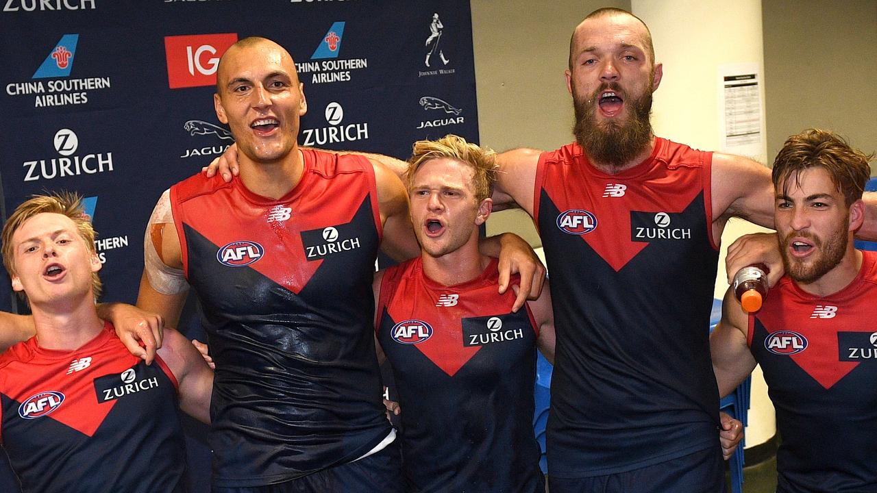 Braydon Preuss and Max Gawn. (AAP Image/Dan Himbrechts) 