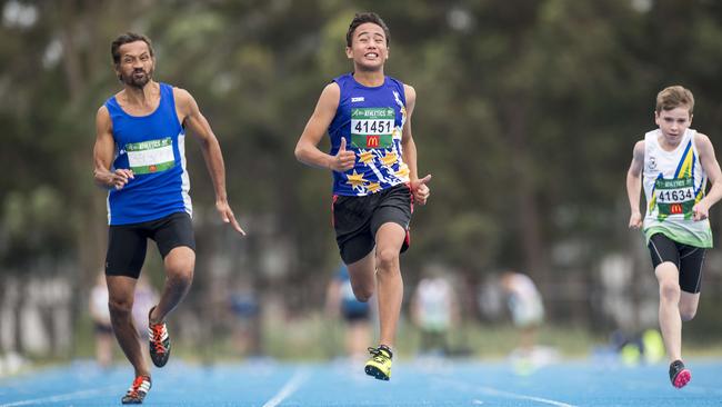 Gosford’s Jay Clarke (c) in action during the Men 100m Sprint Open heats event during Athletics NSW All Comers meet at Mingara Regional Athletics Track on January 11. Picture: Troy Snook