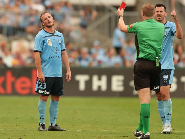SYDNEY, AUSTRALIA - DECEMBER 29: Rhyan Grant of Sydney is sent off after the referee consulted VAR during the round 12 A-League match between Sydney FC and Melbourne City at Netstrata Jubilee Stadium on December 29, 2019 in Sydney, Australia. (Photo by Mark Metcalfe/Getty Images)
