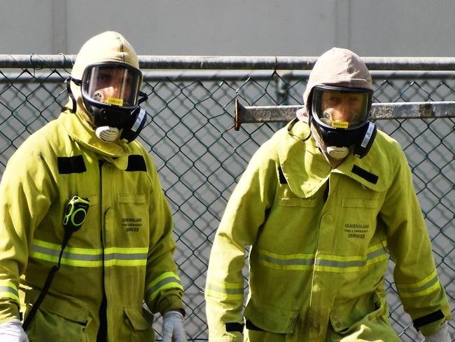 Photos from the scene of the latest white powder terror campaign targeting the Catholic Church. Queensland Fire and Emergency Service first responders removing a container from the Convent of Mercy on Abbott Street, Ingham, just after midday on Thursday. Picture: Cameron Bates