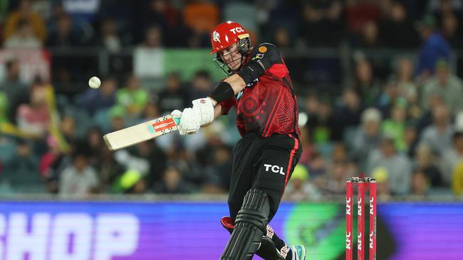 Will Sutherland of the Renegades hits a six during the Men's Big Bash League match against Sydney Thunder. (Photo by Mark Metcalfe/Getty Images)